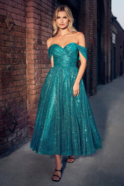 Off Shoulder Tea Length Glitter Dress by Ladivine CD870