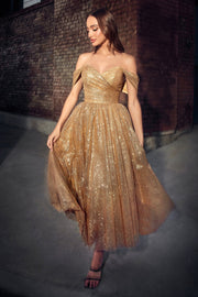 Off Shoulder Tea Length Glitter Dress by Ladivine CD870