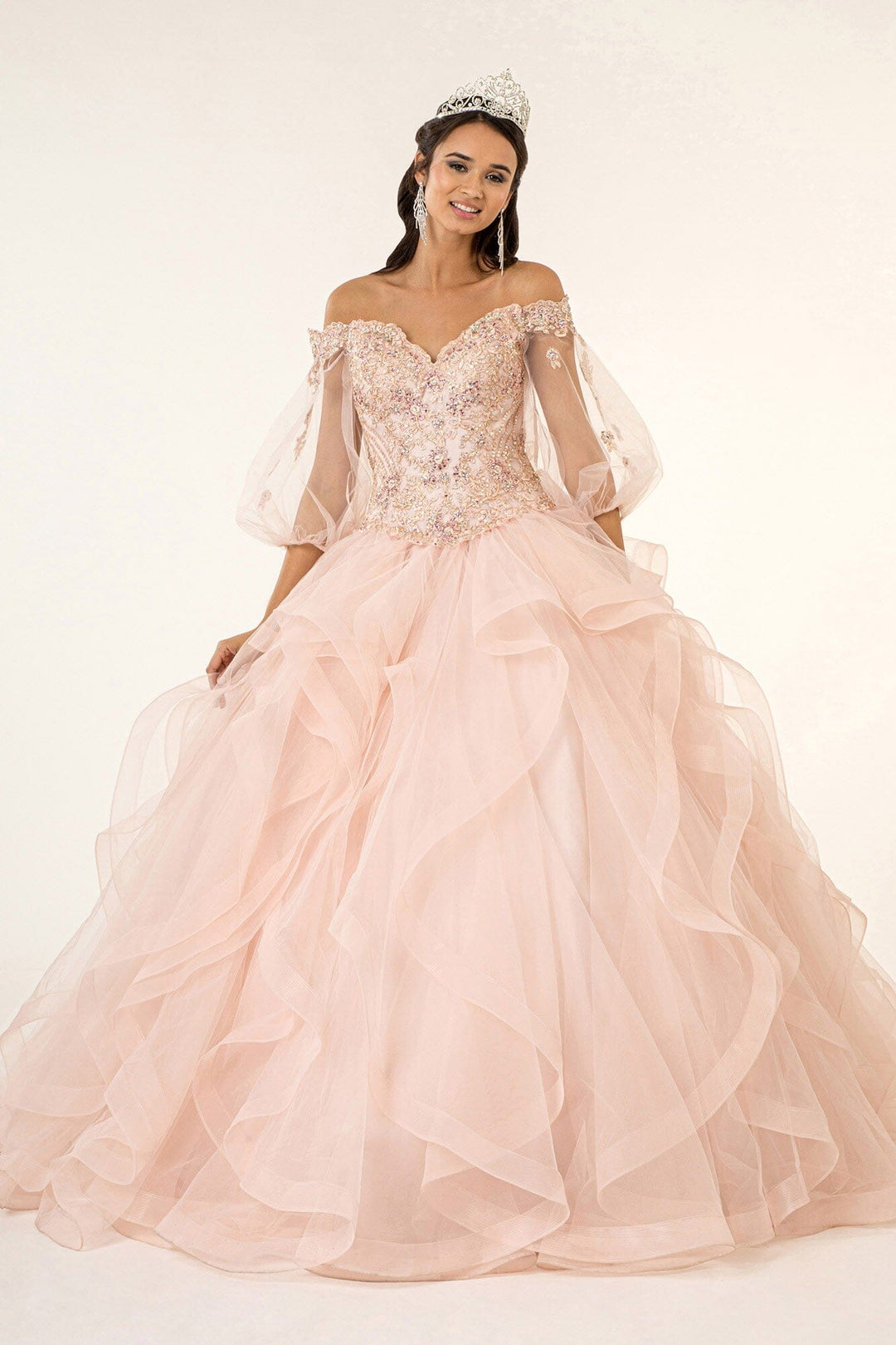 Off the Shoulder Ball Gown with Sheer Sleeves by Elizabeth K GL2601