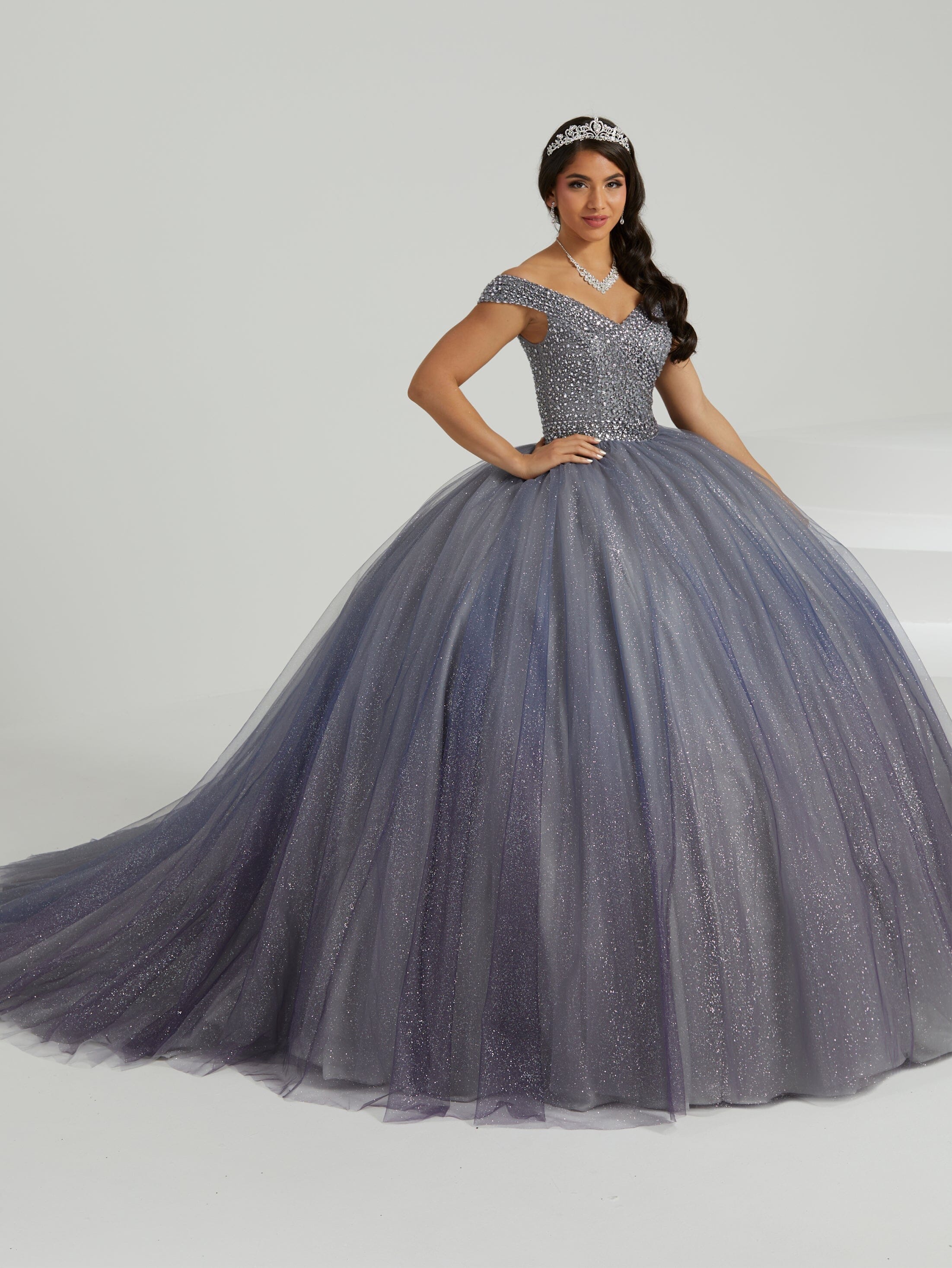 Ombre Off Shoulder Quinceanera Dress by Fiesta Gowns 56475 4 Slate Gray Ombre