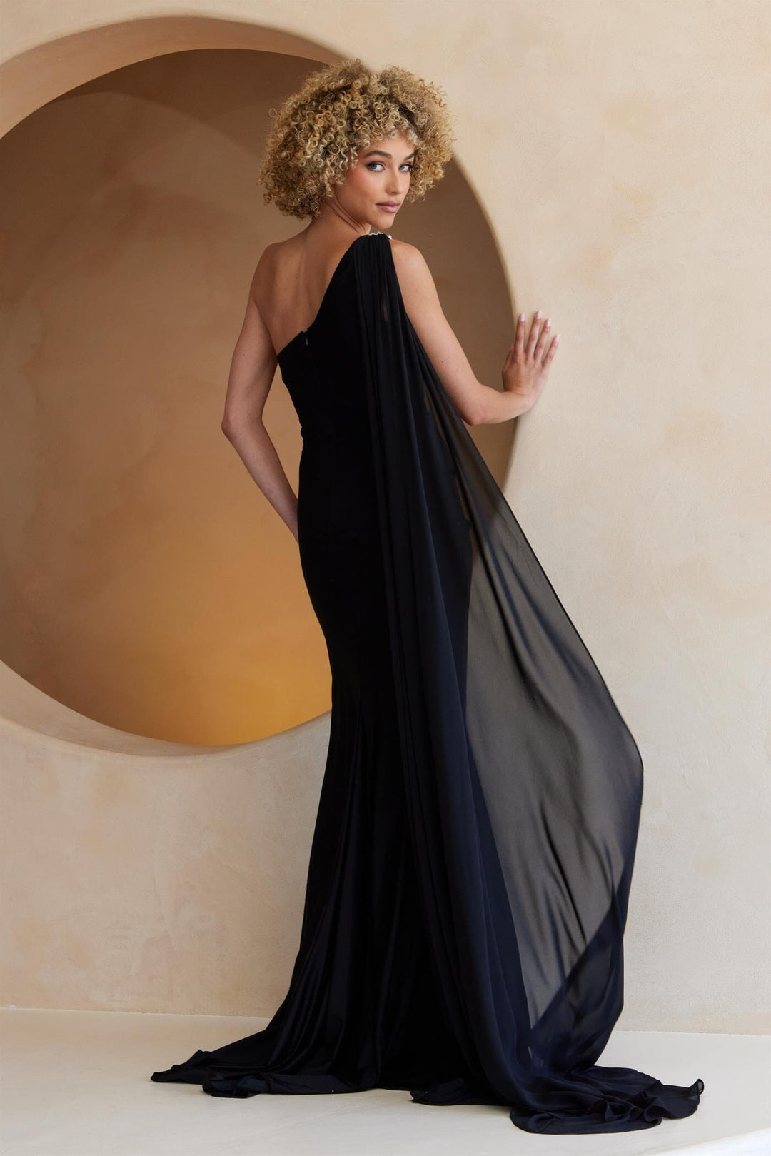 black one shoulder cape dress V:pm Atelier One-shoulder Cape Maxi Dress