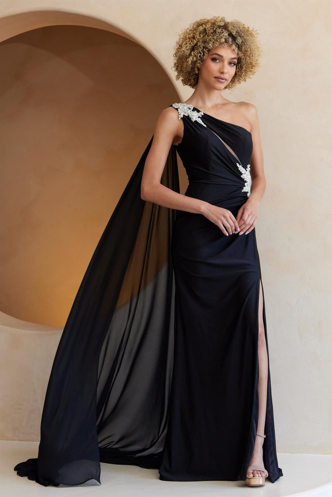black one shoulder cape dress V:pm Atelier One-shoulder Cape Maxi Dress