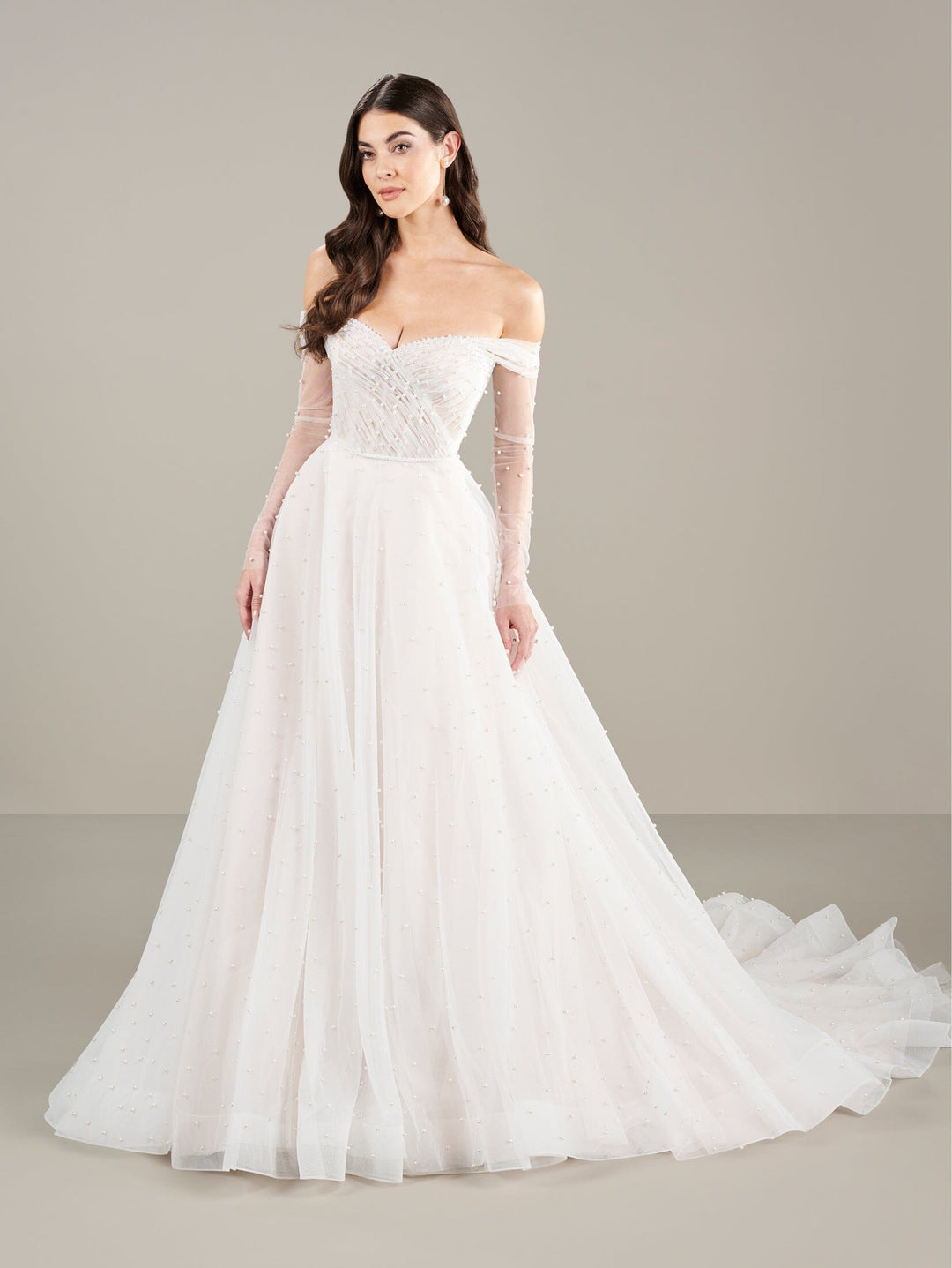 Pearl Beaded Off Shoulder Bridal Gown by Adrianna Papell 31278