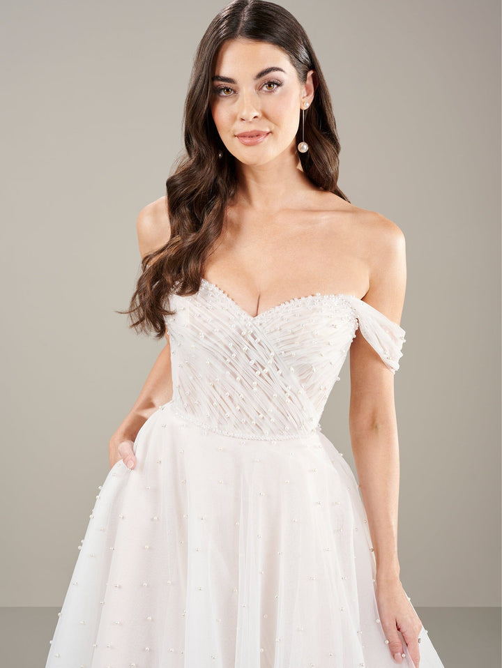 Pearl Beaded Off Shoulder Bridal Gown by Adrianna Papell 31278