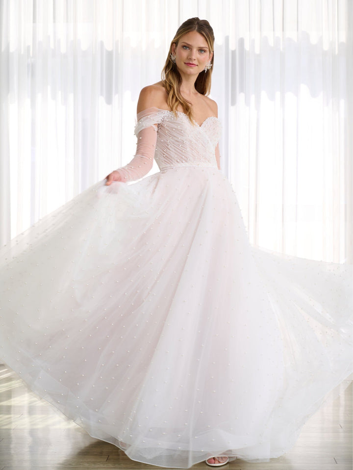 Pearl Beaded Off Shoulder Bridal Gown by Adrianna Papell 31278