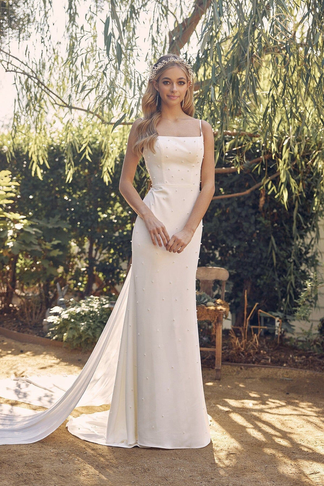 Pearl Beaded Sleeveless Bridal Gown by Nox Anabel QW963 - Outlet