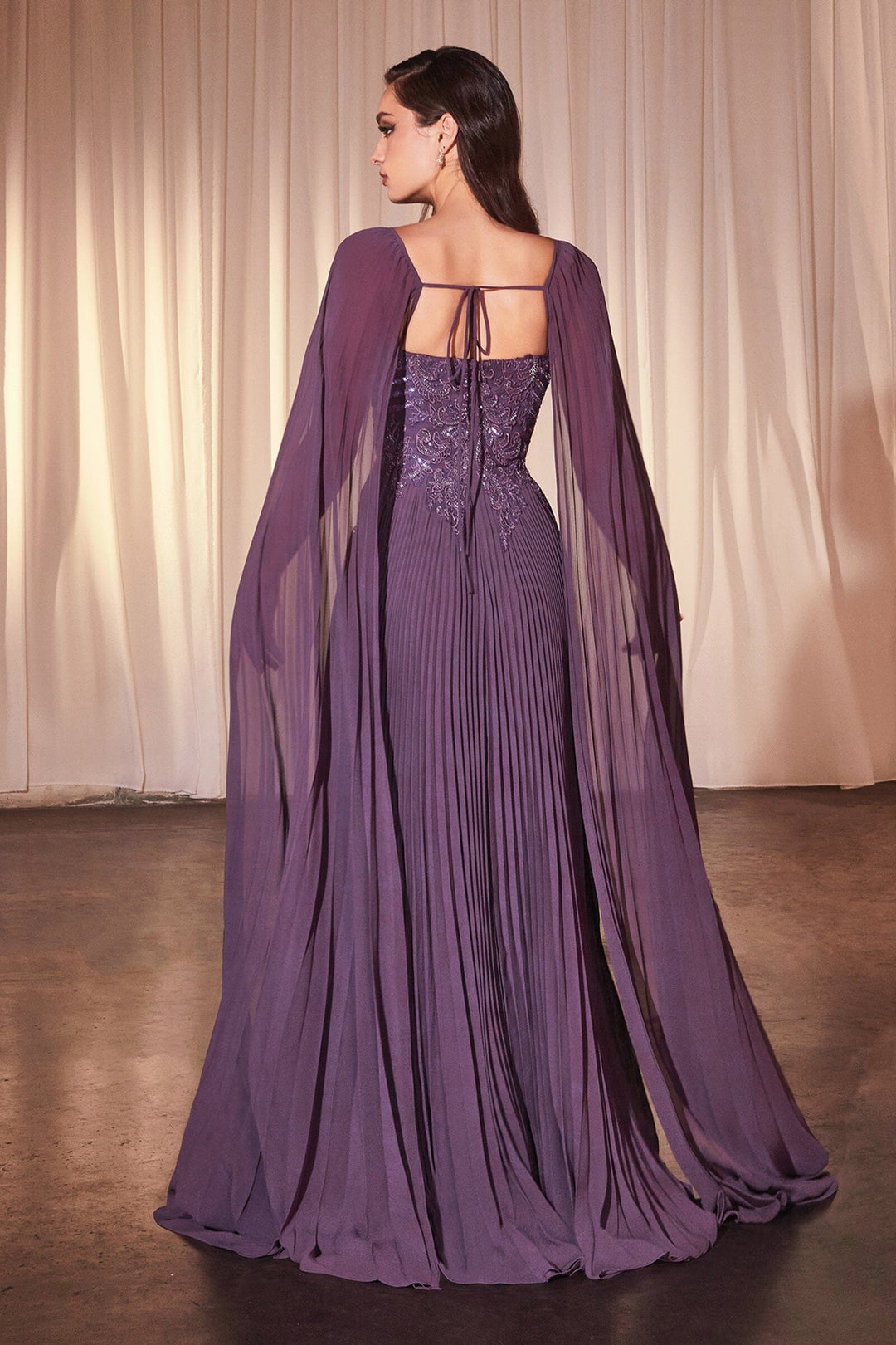 pleated cape sleeve dress Pleated A Line Long Formal High Neck Cape Sleeve Dress