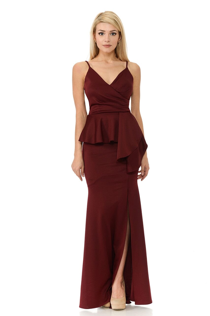 Pleated Long V-Neck Peplum Dress by Lenovia 5174