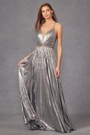 Pleated Metallic Long Sleeveless V-Neck Dress by Juliet 226