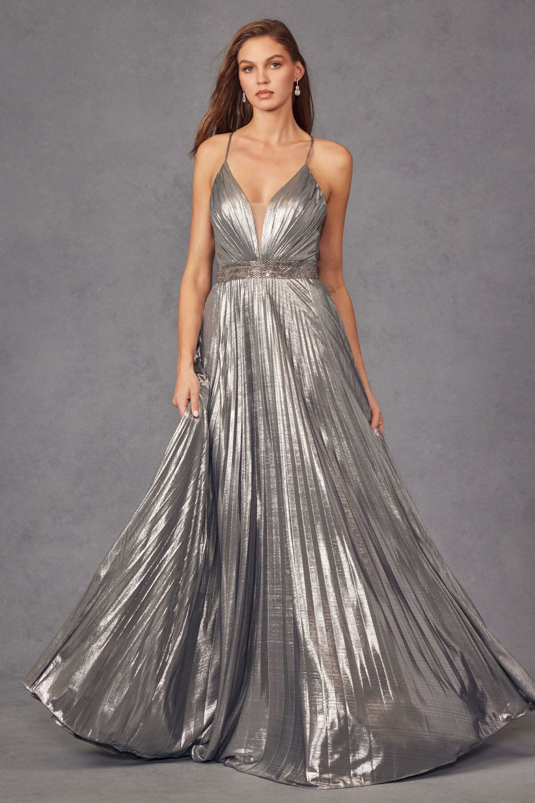 Pleated Metallic Long Sleeveless V-Neck Dress by Juliet 226