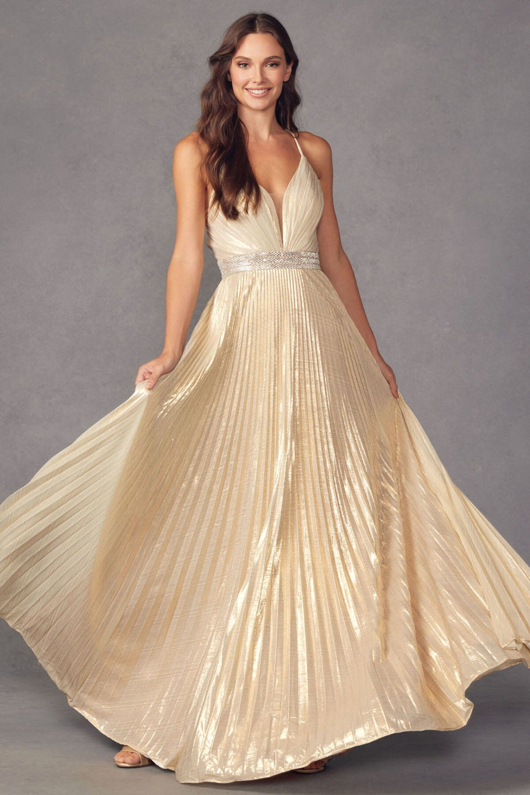 Pleated Metallic Long Sleeveless V-Neck Dress by Juliet 226