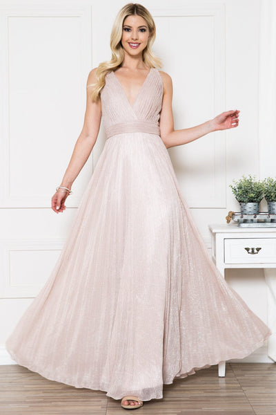 Pleated Metallic V-Neck Gown by Amelia Couture L598
