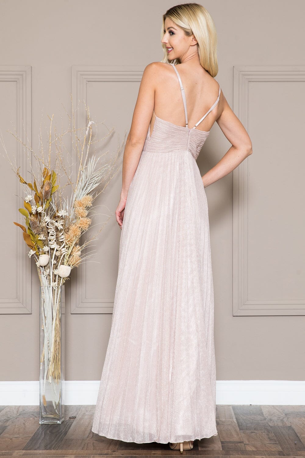 Pleated Metallic V-Neck Gown by Amelia Couture L598 2 / Light Pink Pleated Metallic V-Neck Gown by Amelia Couture L598 2 / Light Pink