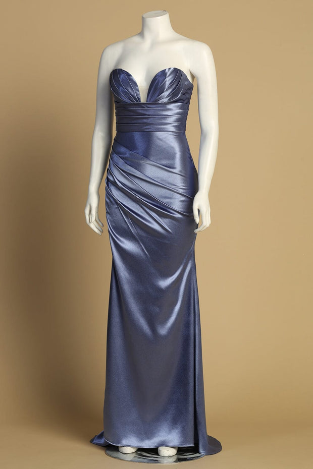 Pleated Satin Strapless Slit Gown by Adora 3177