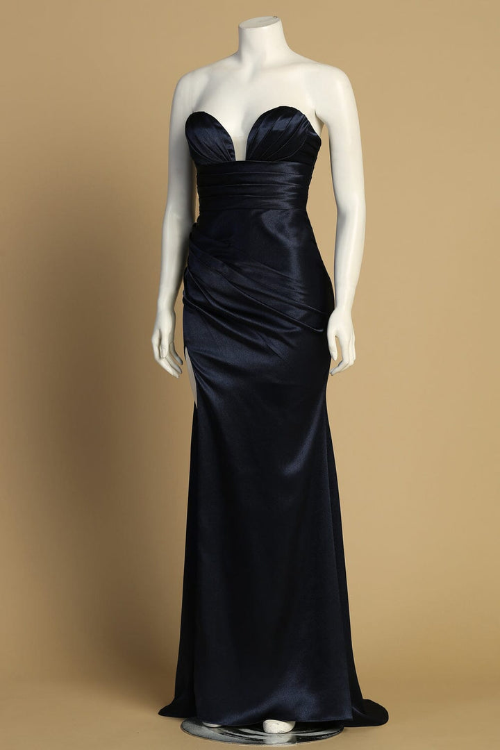 Pleated Satin Strapless Slit Gown by Adora 3177 - Outlet