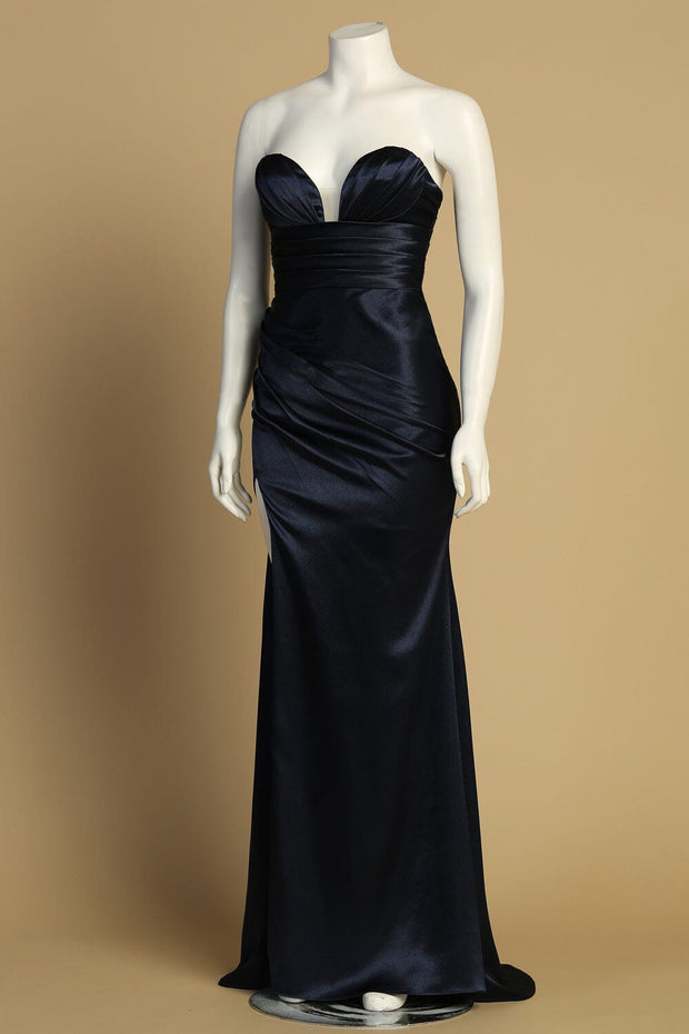 Pleated Satin Strapless Slit Gown by Adora 3177