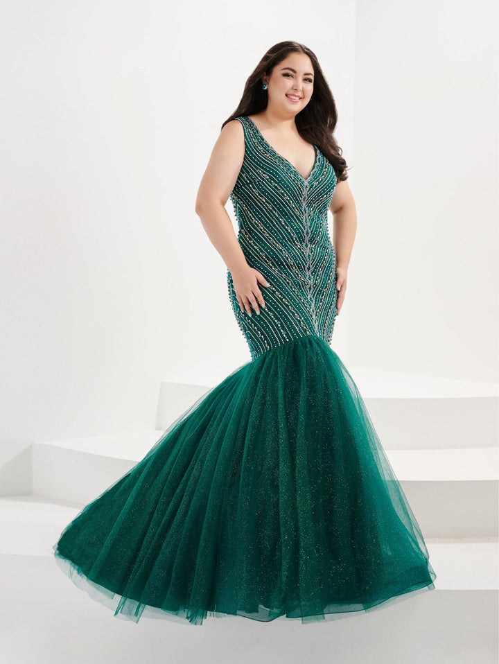 Plus Size Beaded V-Neck Mermaid Gown by Tiffany Designs 16045