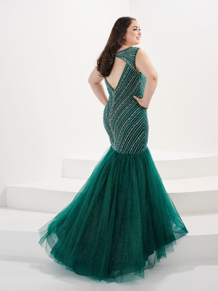 Plus Size Beaded V-Neck Mermaid Gown by Tiffany Designs 16045