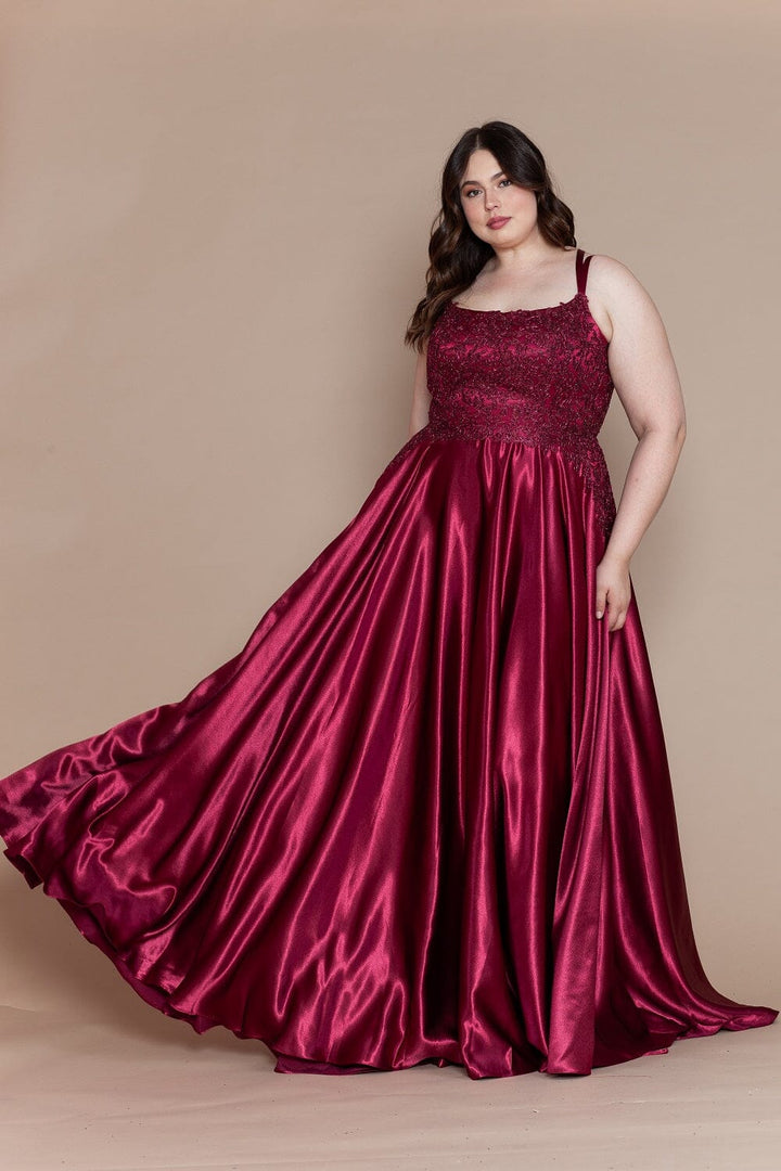 Plus Size Embroidered Long Satin A-line Dress by Poly USA W1094