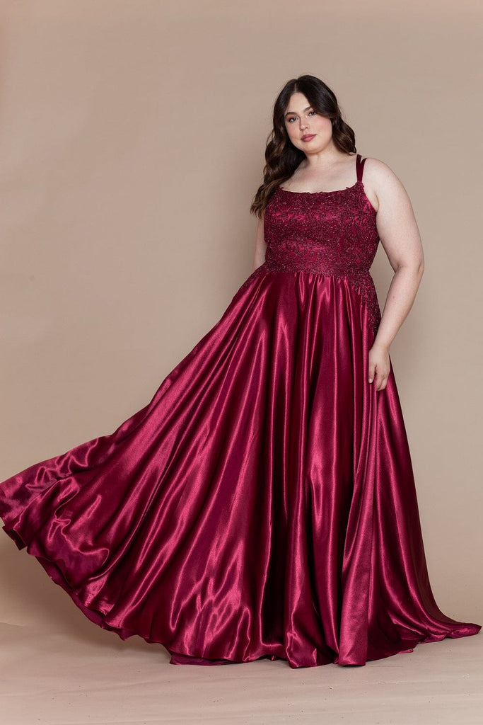 Poly USA W1094 Plus Size Embroidered Long Satin A-line Dress | FormalDressShops Silver / 18W Poly USA W1094 Plus Size Embroidered Long Satin A-line Dress | FormalDressShops Silver / 18W