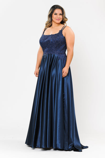 Plus Size Embroidered Long Satin A-line Dress by Poly USA W1094