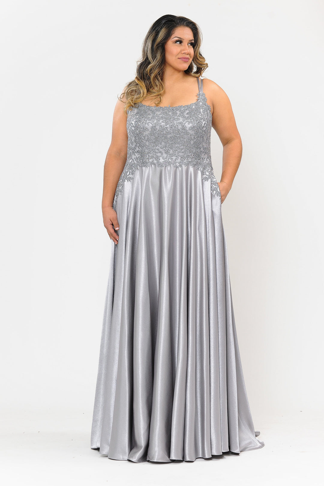 Plus Size Embroidered Long Satin A-line Dress by Poly USA W1094