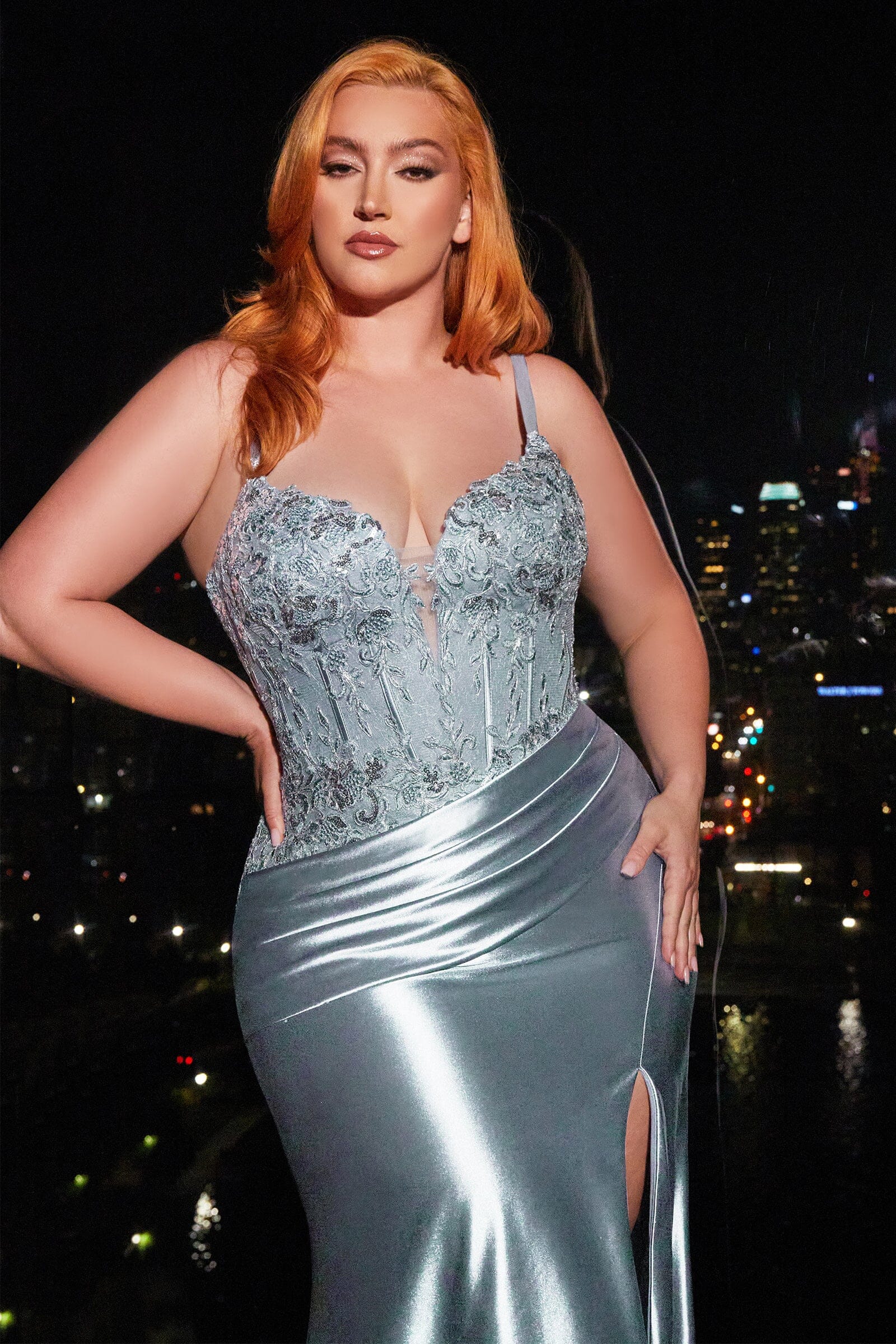 後期LAID CDセット Plus Size Fitted Applique Satin Slit Gown by Ladivine CD838C