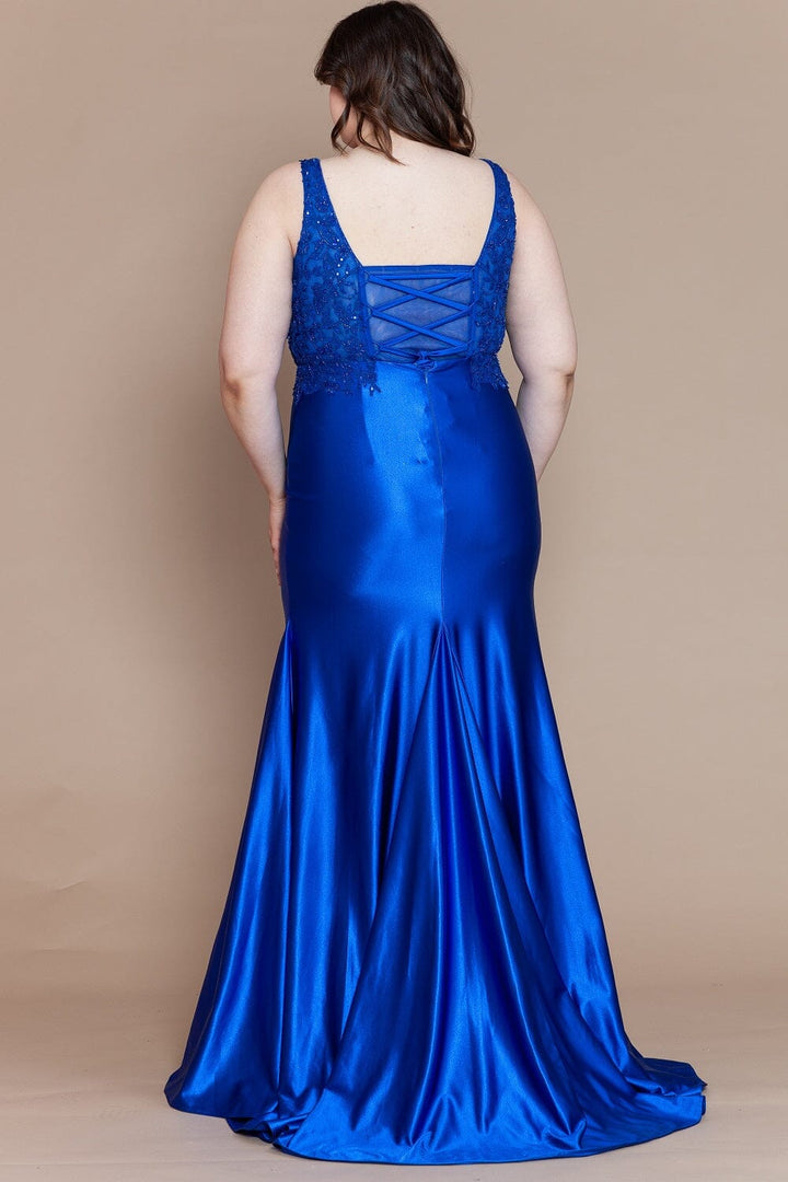 Plus Size Fitted Embroidered V-Neck Gown by Poly USA W1160