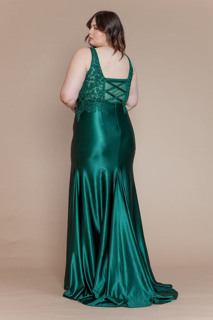 Plus Size Fitted Embroidered V-Neck Gown by Poly USA W1160