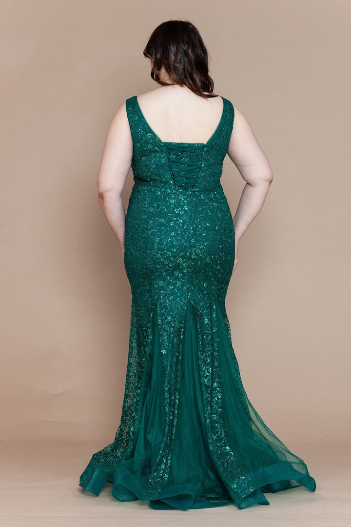 Plus Size Fitted Glitter Print Sleeveless Gown by Poly USA W1136