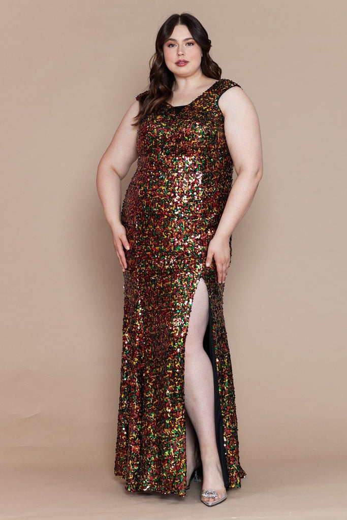 Poly USA W1124 Plus Size Fitted Multicolor Sequin Gown | FormalDressShops Black/Gold / 16W Poly USA W1124 Plus Size Fitted Multicolor Sequin Gown | FormalDressShops Black/Gold / 16W