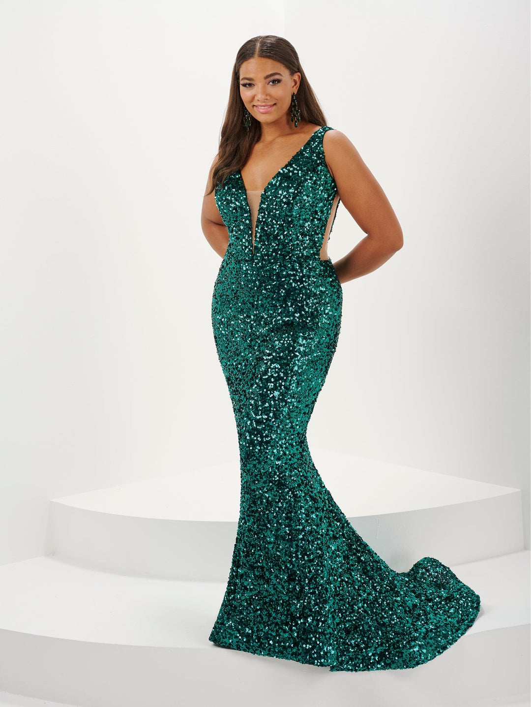Plus Size Fitted Sequin V-Neck Gown by Tiffany Designs 16132