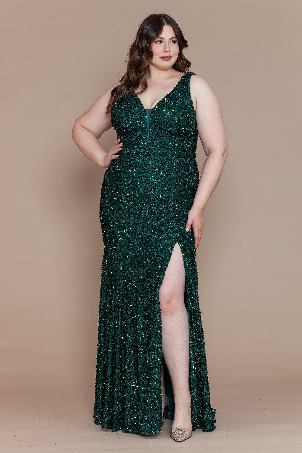 Poly USA W1122 Plus Size Fitted Sleeveless Sequin Slit Gown | FormalDressShops Emerald / 20W Poly USA W1122 Plus Size Fitted Sleeveless Sequin Slit Gown | FormalDressShops Emerald / 20W