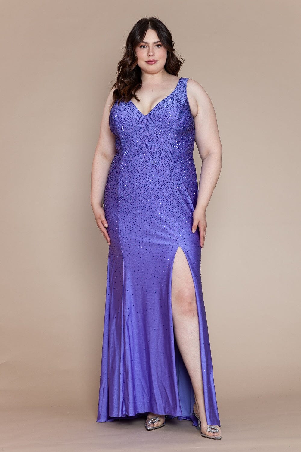 Poly USA W1116 Plus Size Fitted V-Neck Rhinestone Gown | FormalDressShops Purple / 14W Poly USA W1116 Plus Size Fitted V-Neck Rhinestone Gown | FormalDressShops Purple / 14W