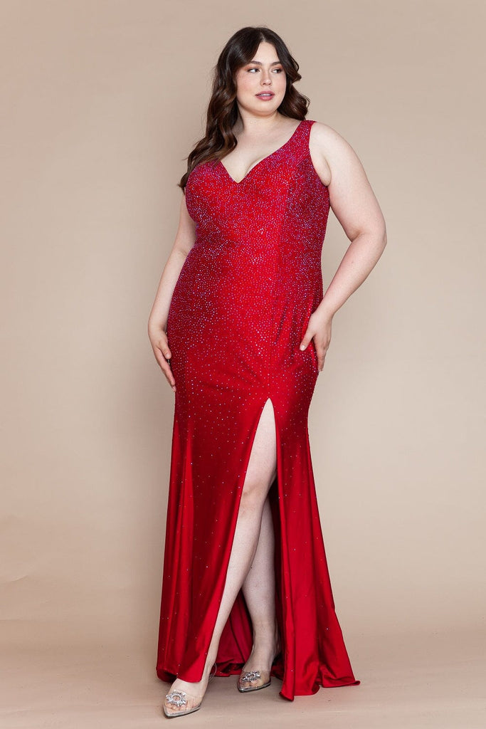 Plus Size Fitted V-Neck Rhinestone Gown by Poly USA W1116 14W / Purple