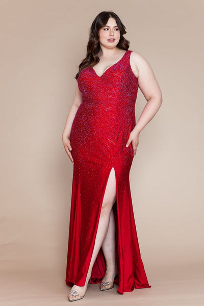 Plus Size Fitted V-Neck Rhinestone Gown by Poly USA W1116
