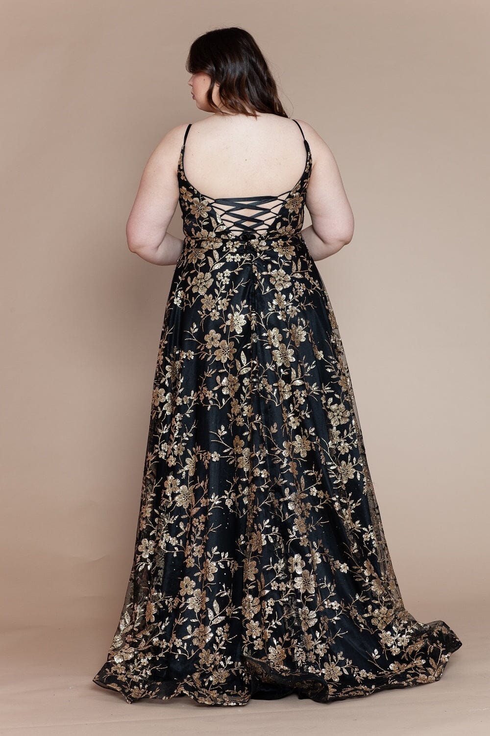 Plus Size Glitter Print Sleeveless A-line Gown by Poly USA W1134