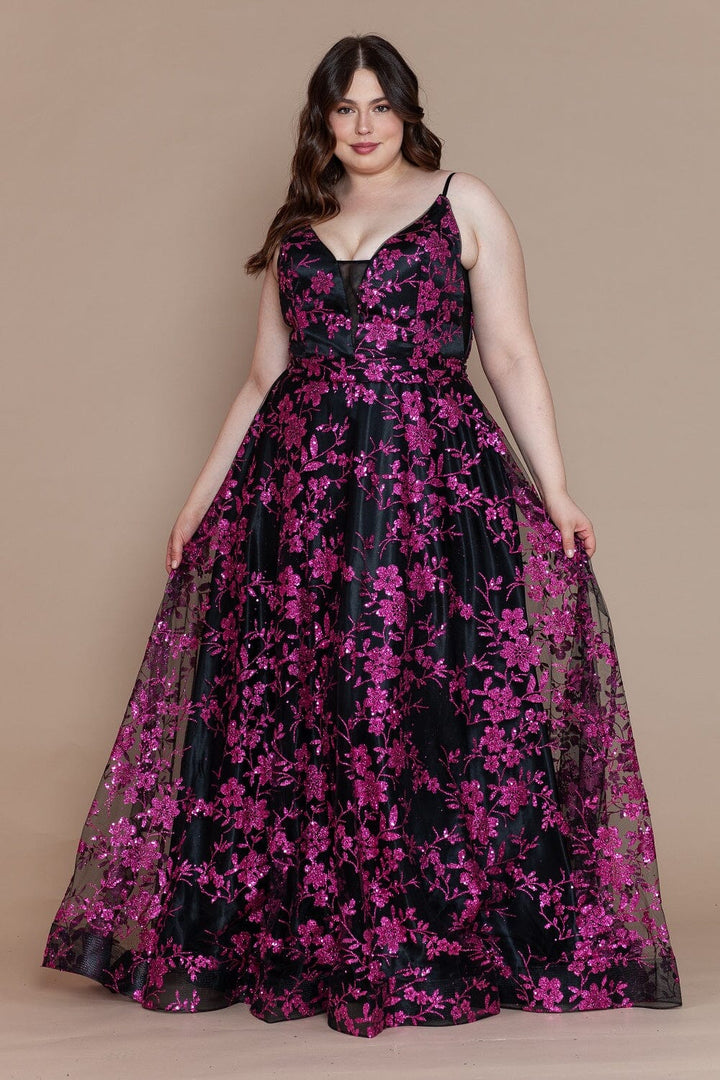 Plus Size Glitter Print Sleeveless A-line Gown by Poly USA W1134