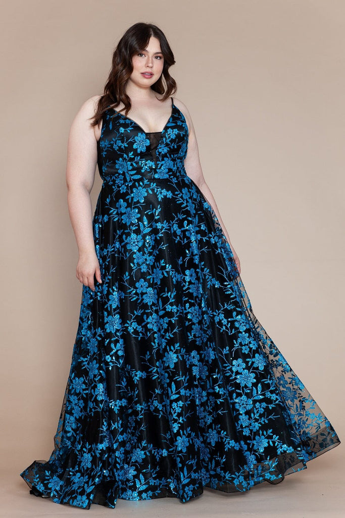 plus size a line formal dresses Glitter Print Sleeveless A-line Gown by Poly USA W1134 14W / Black/Turquoise front detail that beautifully Size CN/US:XXL / 14 Miss Circle Women Flore Straight Size