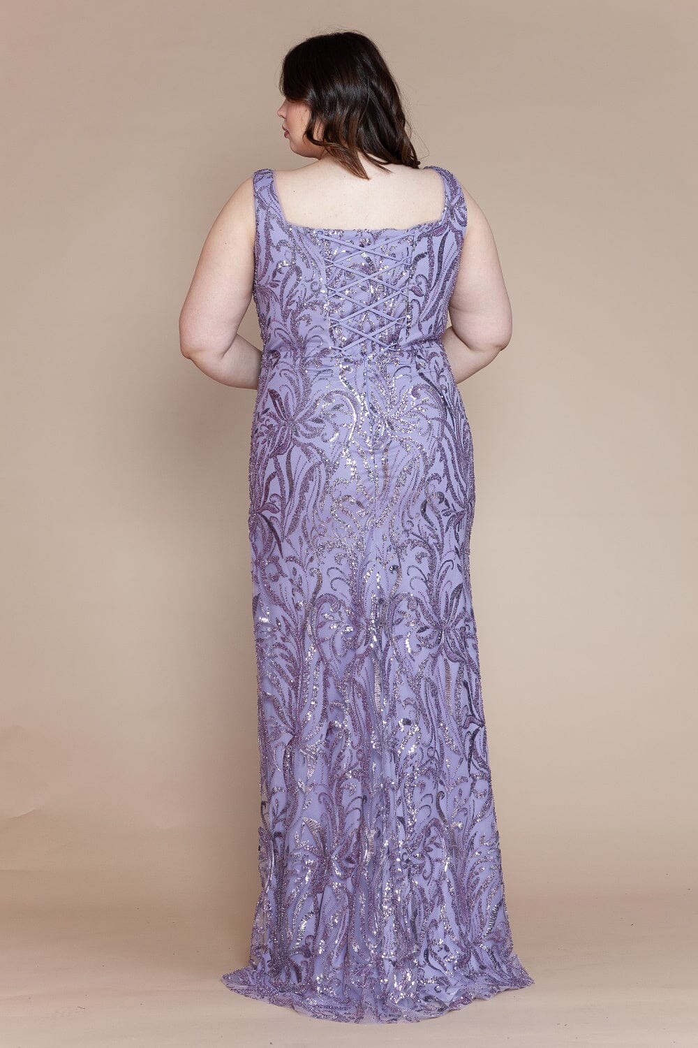 Plus Size Glitter Print Sleeveless Slit Gown by Poly USA W1140