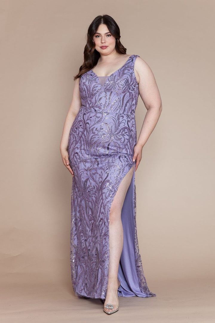 Plus Size Glitter Print Sleeveless Slit Gown by Poly USA W1140