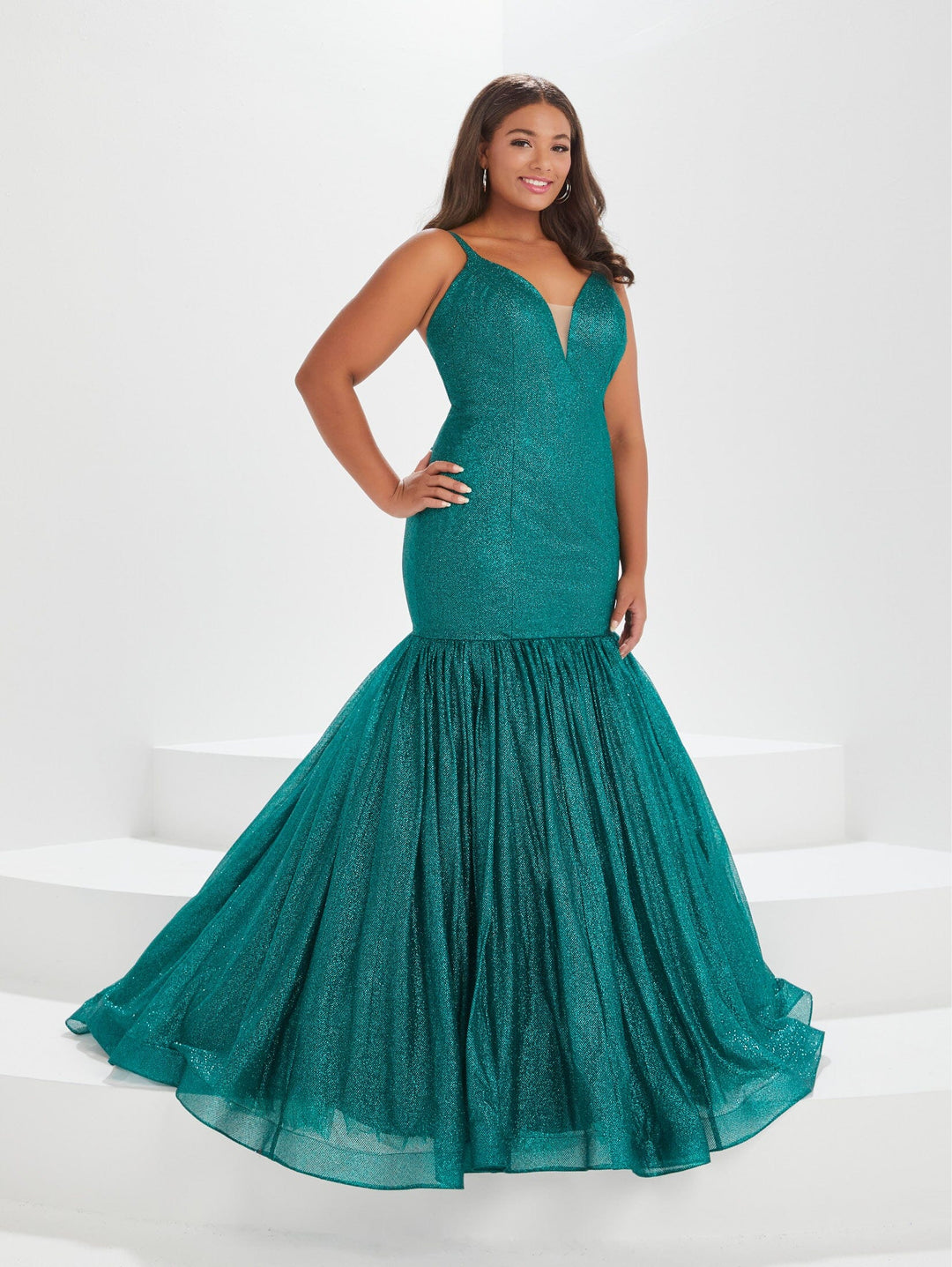 Plus Size Glitter V-Neck Mermaid Gown by Tiffany Designs 16047