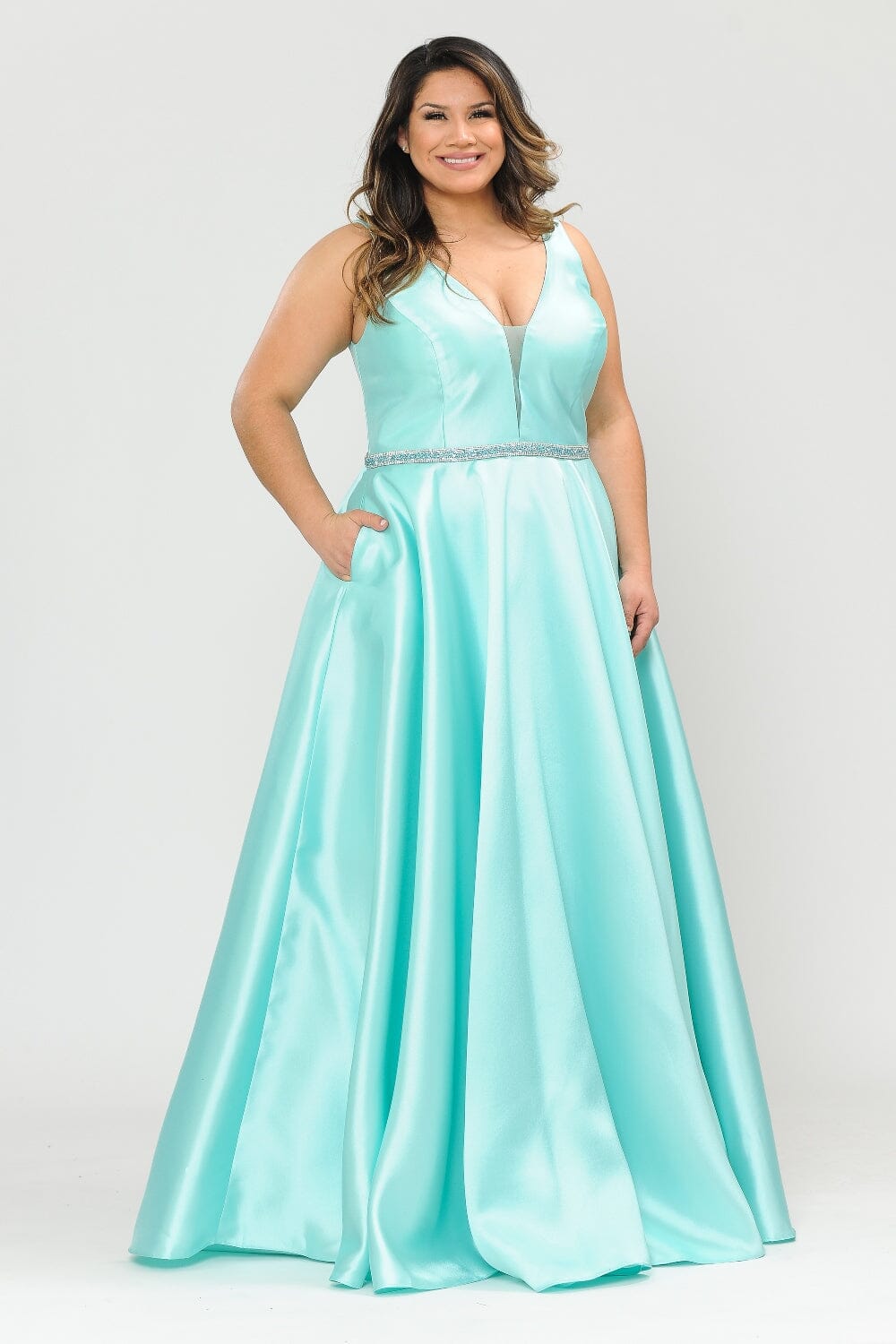 Poly USA W1108 Plus Size Long Deep V-Neck Dress | FormalDressShops Mint / 20W Poly USA W1108 Plus Size Long Deep V-Neck Dress | FormalDressShops Mint / 20W