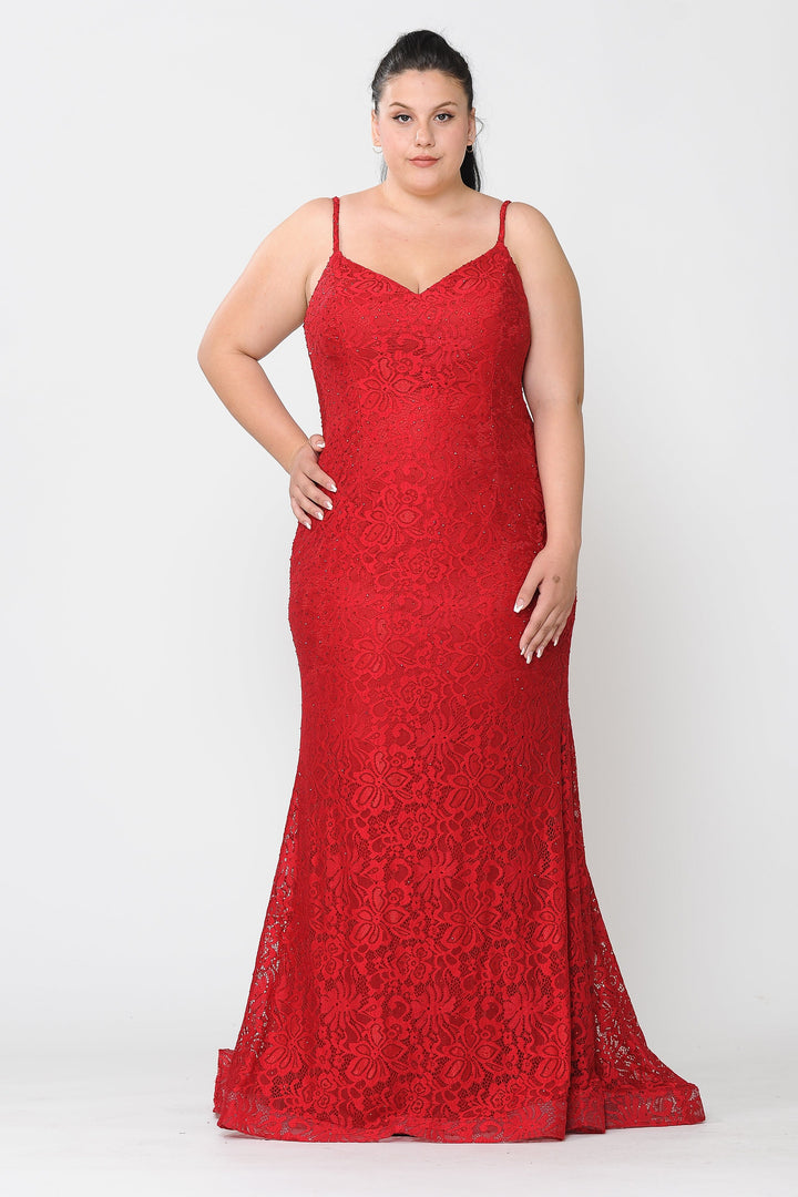 Plus Size Long Floral Lace V-Neck Dress by Poly USA W1090