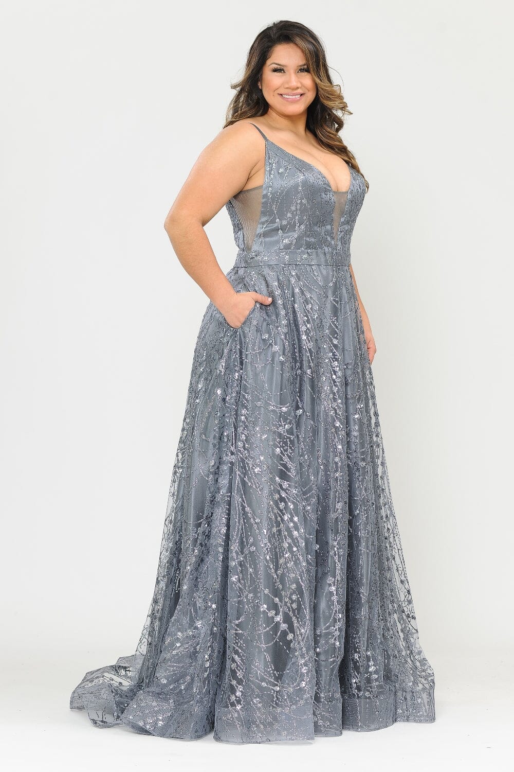 Poly USA W1004 Plus Size Long Glitter Mesh Dress | FormalDressShops Gunmetal Gray / 16W Poly USA W1004 Plus Size Long Glitter Mesh Dress | FormalDressShops Gunmetal Gray / 16W