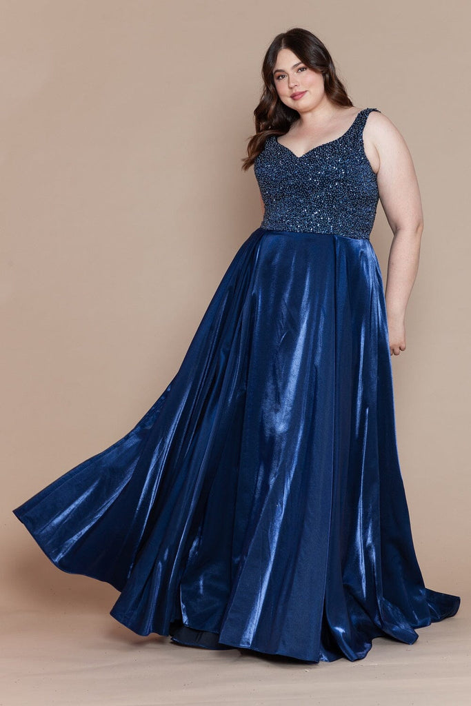 Plus Size Long Satin Dress with Beaded Bodice by Poly USA W1066 22W / Navy