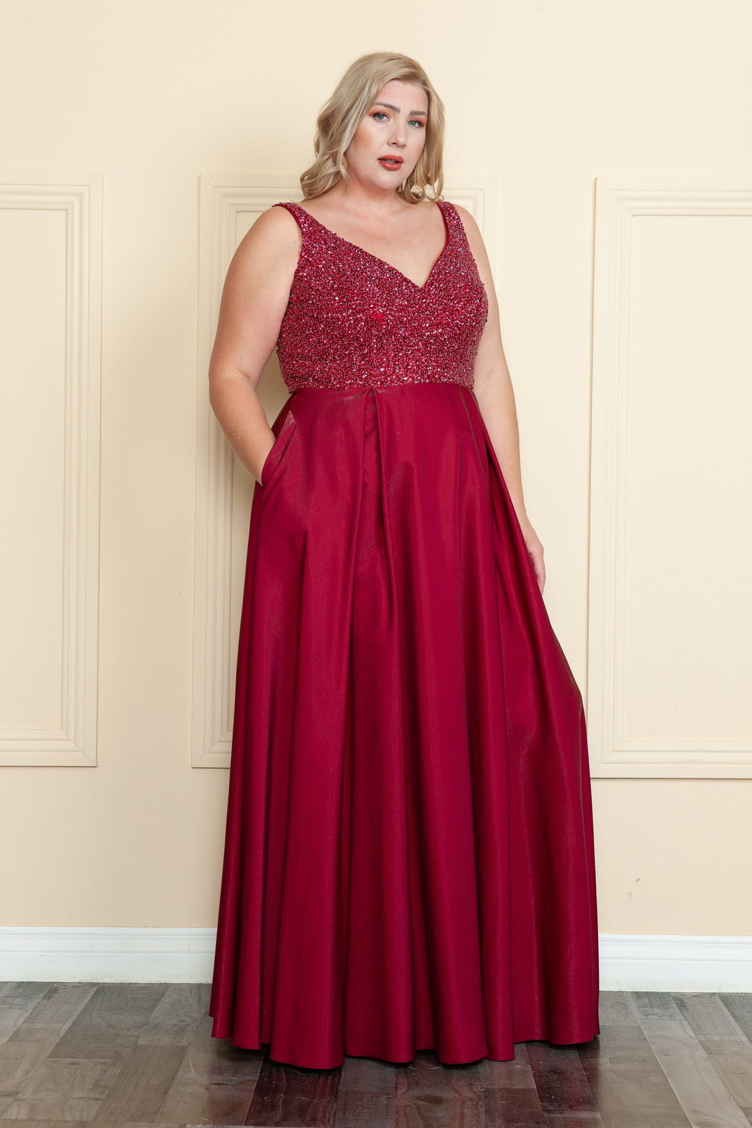 Plus Size Long Satin Dress with Beaded Bodice by Poly USA W1066