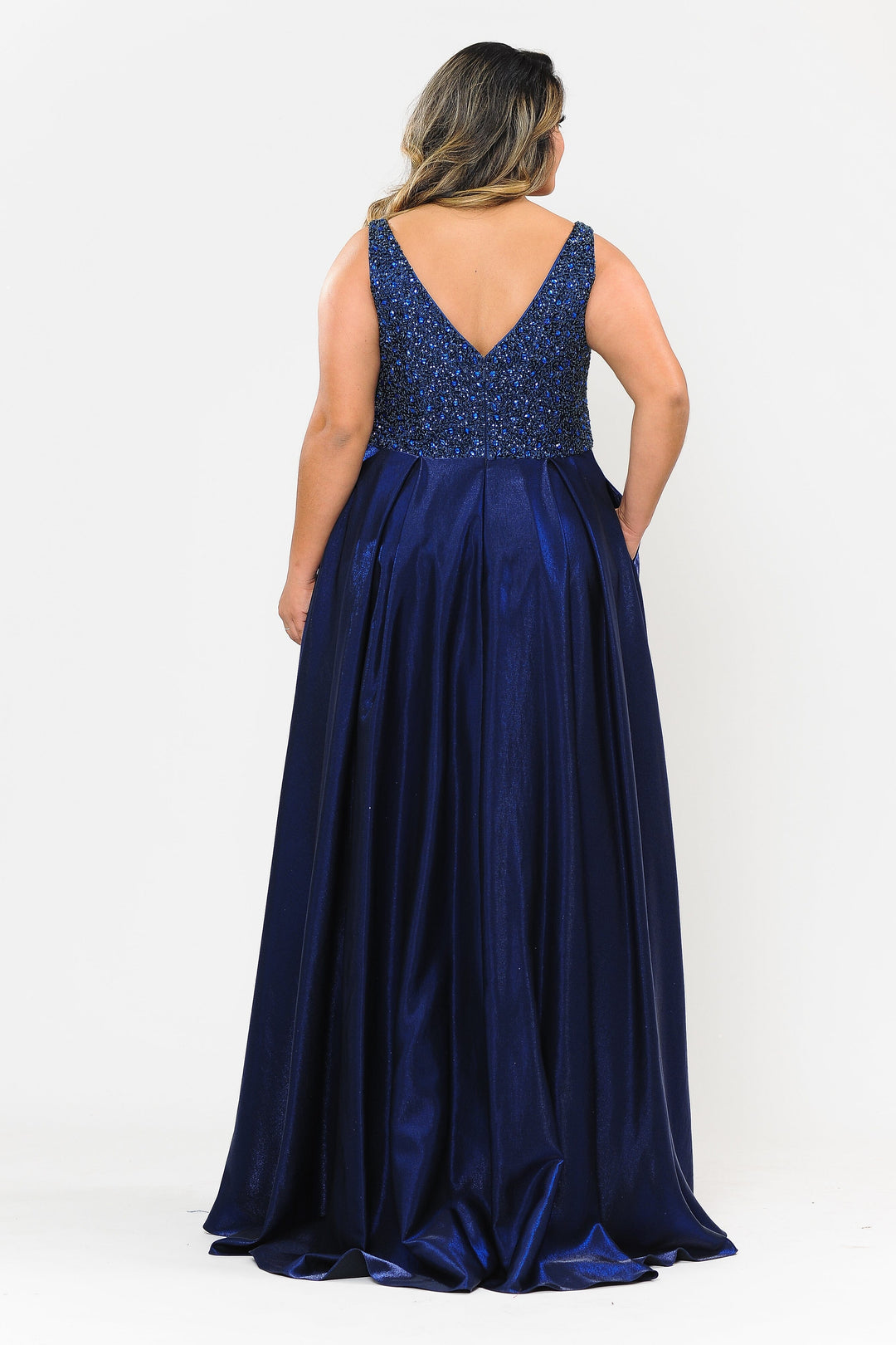 Plus Size Long Satin Dress with Beaded Bodice by Poly USA W1066