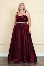 Plus Size Long Satin Dress with Sequin Bodice by Poly USA W1018