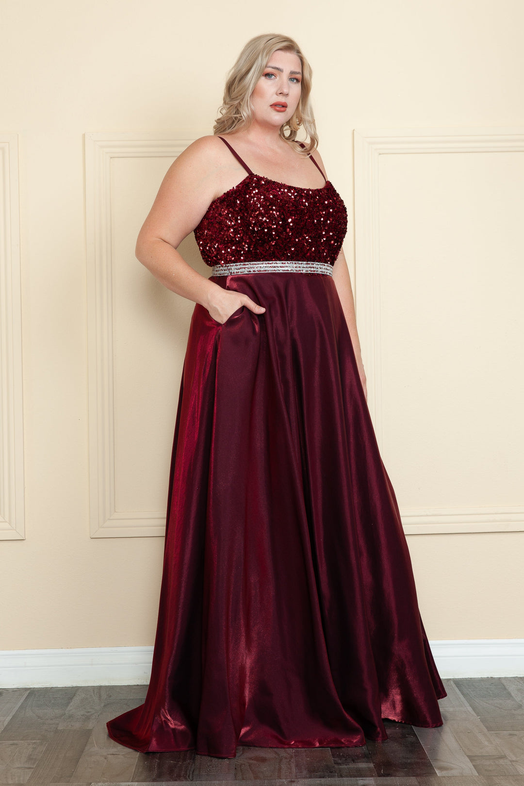 Plus Size Long Satin Dress with Sequin Bodice by Poly USA W1018